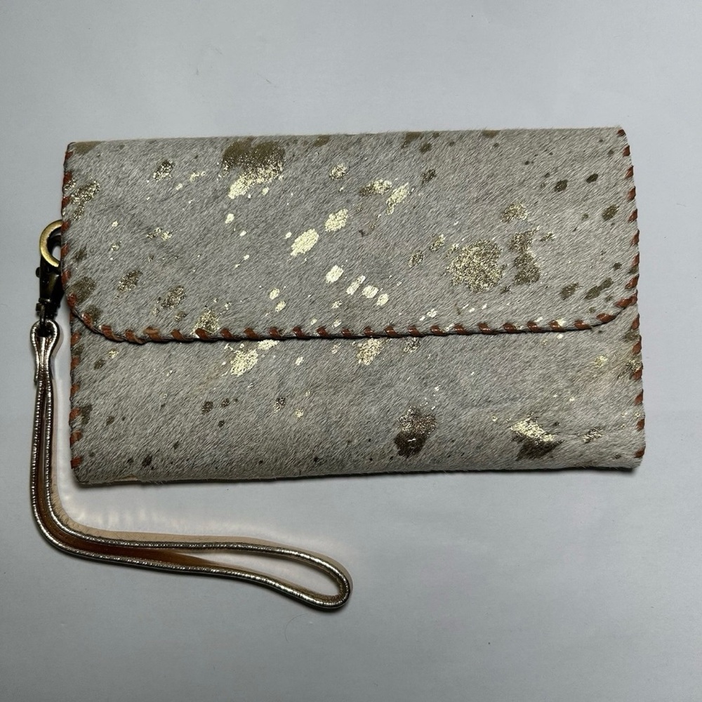 Nancy Trifold Wallet Wristlet Cowhide Hair-On Leather White with Gold Spots